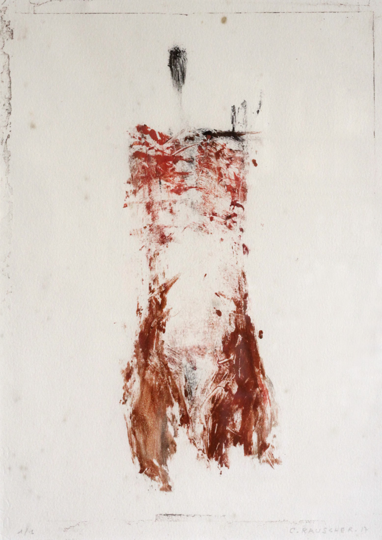 Monotype Sans titre, en robe rouge. 2017.